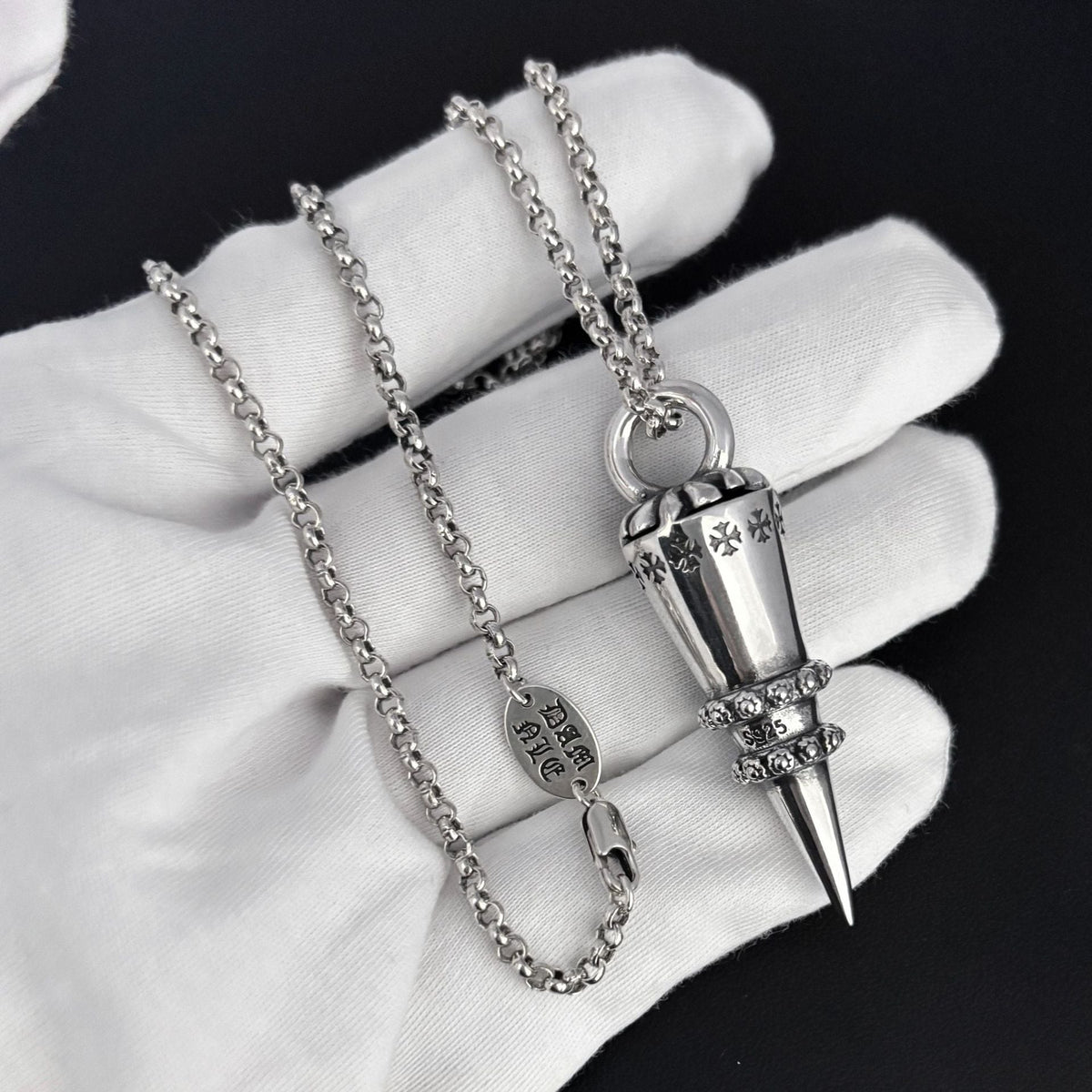Chrome Hearts distressed cross rivet bullet pendant necklace