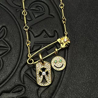 Chrome Hearts Gold Tag Full Diamond Smiley Face Diamond-Inlaid Pin Necklace