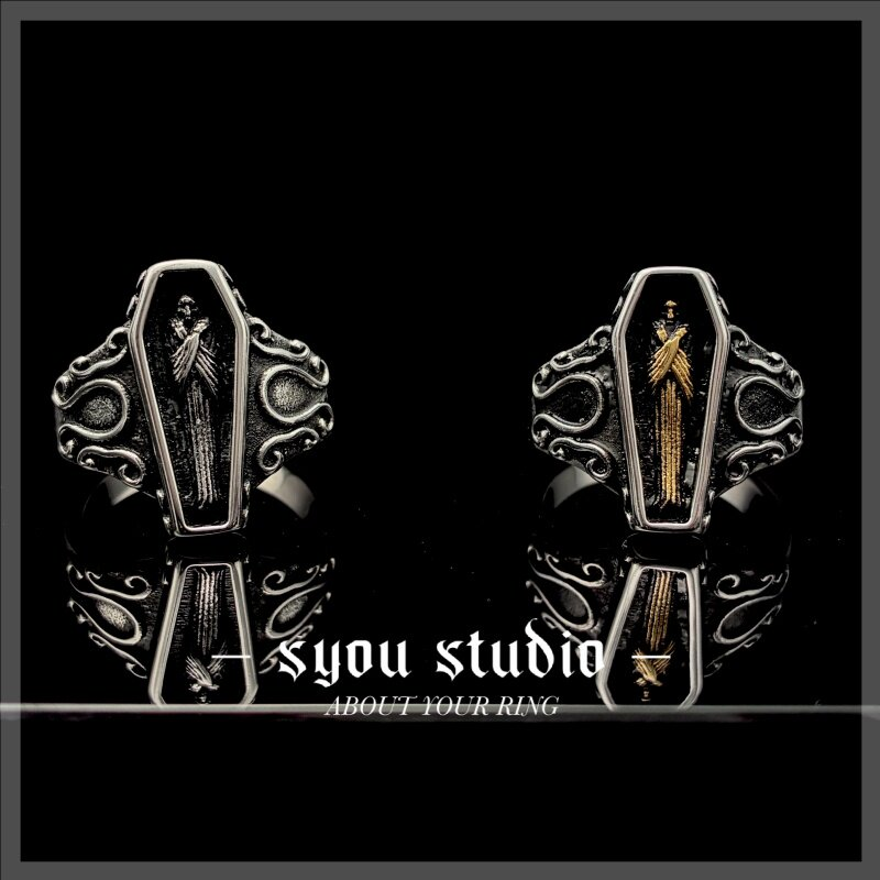 Syou Dark skeleton coffin rock retro tail ring