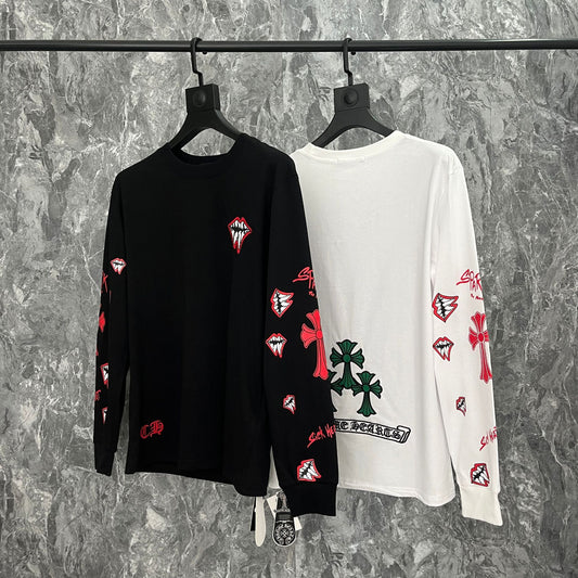 Chrome Hearts Style Red Lips & Cross Leather Patch Long Sleeve Sweatshirt