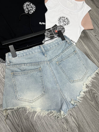 Chrome Hearts Three color leather label fringed denim shorts for women