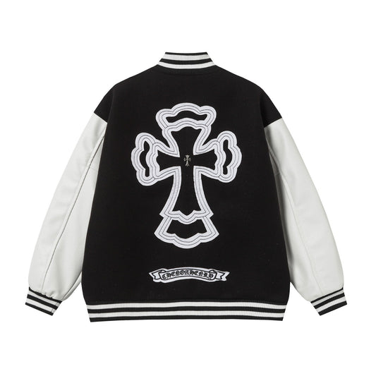 Chrome Hearts Layered Cross Varsity Jacket - Black White Street Style Outerwear 2208
