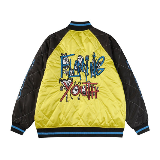 Chrome Hearts Flaming Youth Bomber Jacket - Yellow Black Graphic Street Coat D10