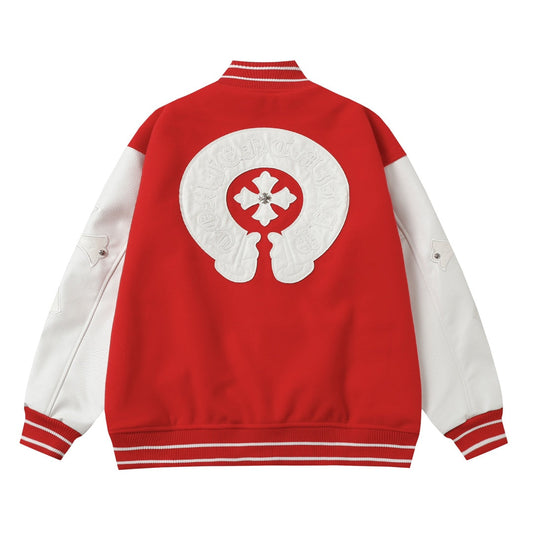 Chrome Hearts Red Cross Varsity Jacket - White Sleeve Gothic Street Baseball Coat D68
