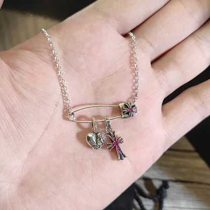Chrome Hearts 925 silver brooch red diamond heart cross necklace