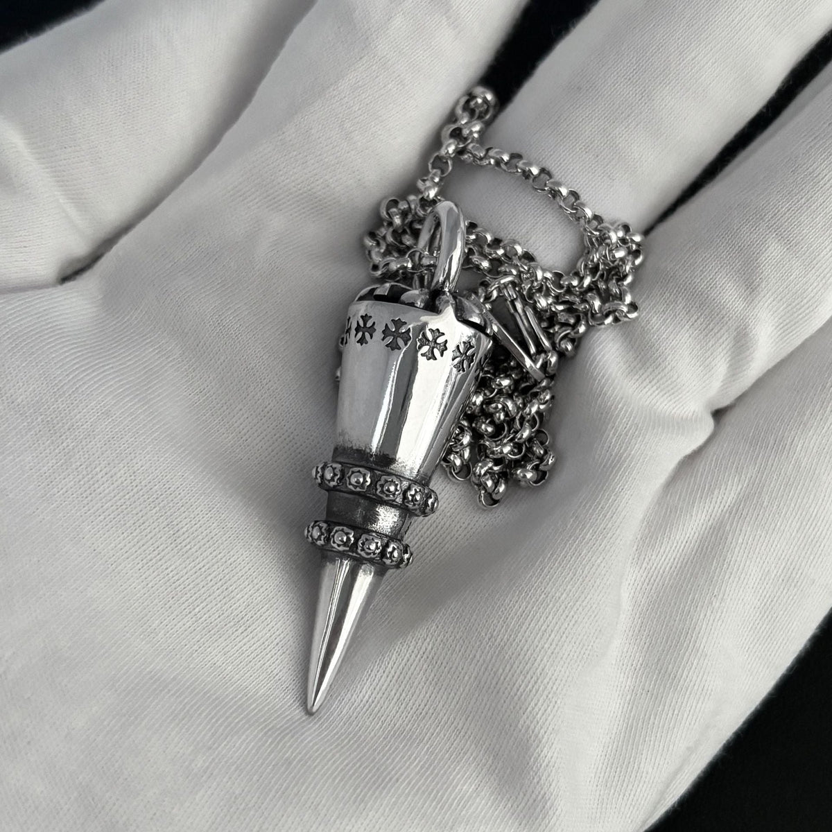 Chrome Hearts distressed cross rivet bullet pendant necklace
