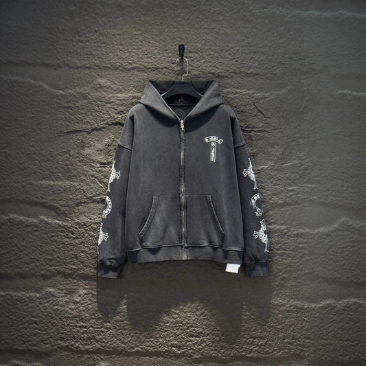 [Top Version]Chrome Hearts Style Washed Distressed Hoodie