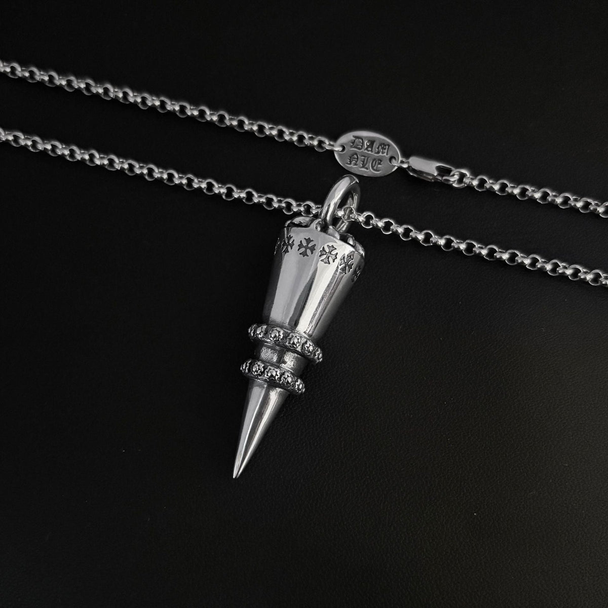 Chrome Hearts distressed cross rivet bullet pendant necklace