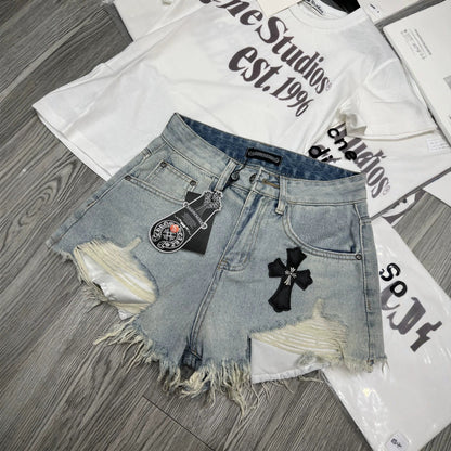Chrome Hearts Three color leather label fringed denim shorts for women